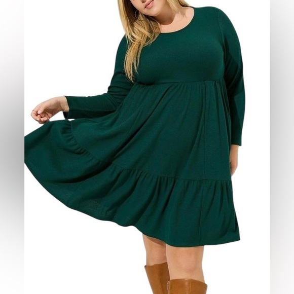 Torrid Women's Size 1 Knee‎ Dress Green Jersey Waffle Tiered Skater W/Pockets - Picture 11 of 12
